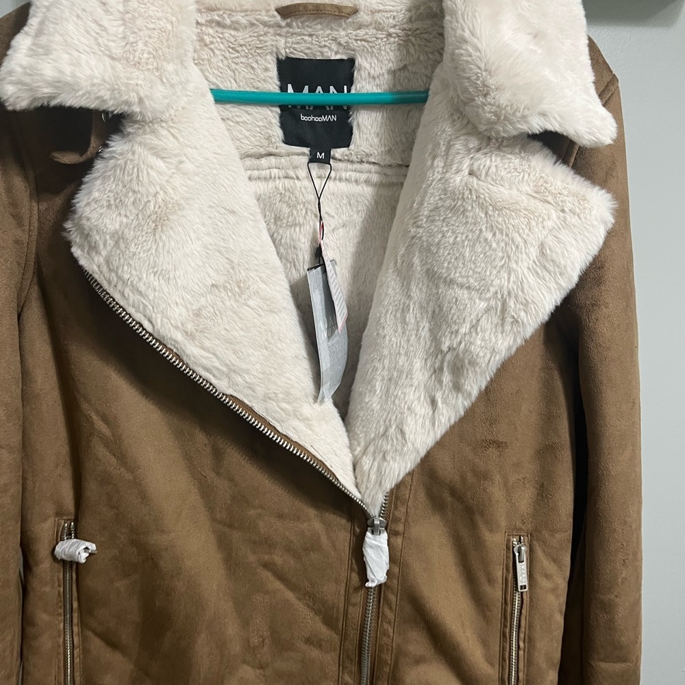 BOOHOO MAN MEDIUM MENS COAT JACKET FAUX FUR SUEDE NWT